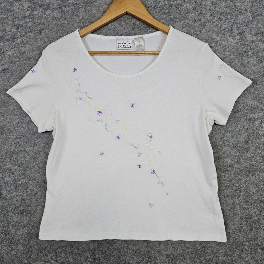 Villager Sport Petite White Tee T-Shirt‎ Size PL Floral Embroidered 100% Cotton